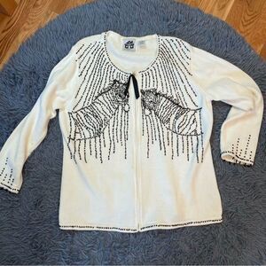 Vintage Storybook Knits White Beaded Full Zip Cardigan Sweater Size 1X